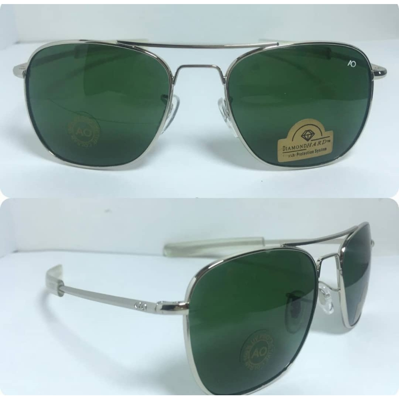 عینک آفتابی آمریکن اوپتیکال فرم نقره ای و شیشه سبز با پک کامل