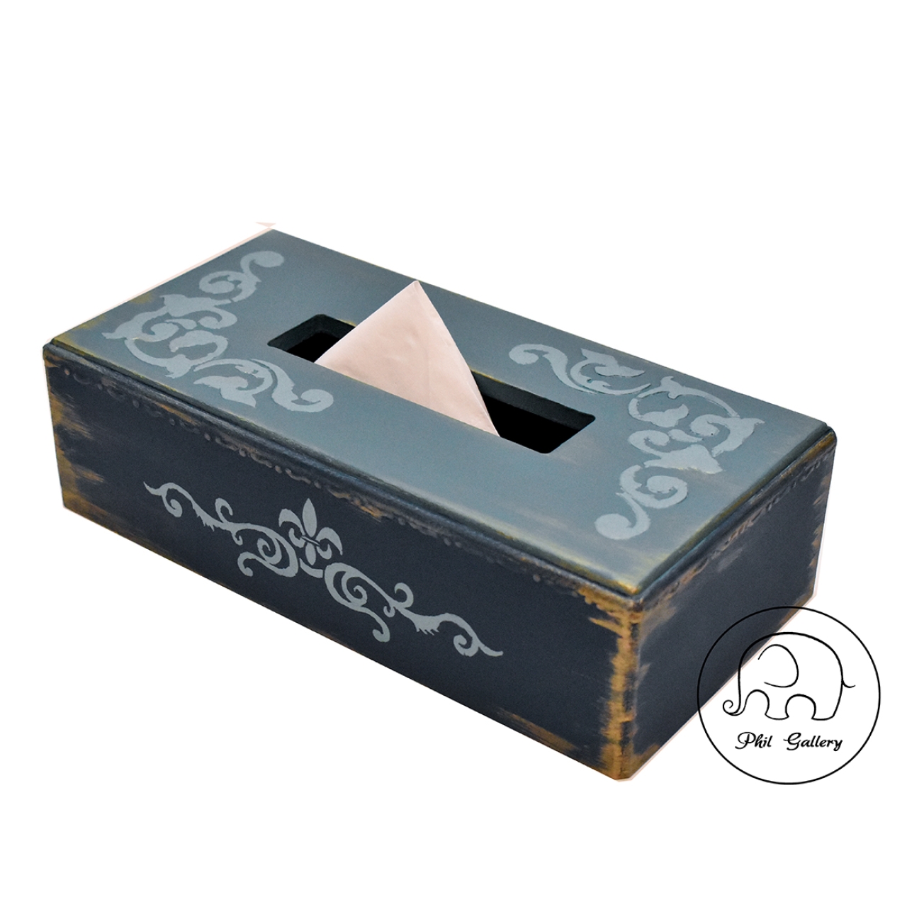 جعبه دستمال کاغذی چوبی با نقوش برجسته و کهنه کاری طلایی
