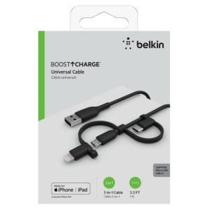 کابل تبدیل USB به USB-C/ لایتنینگ/ MicroUSB بلکین مدل CAC001bt1MBK BOOST طول 1 متر