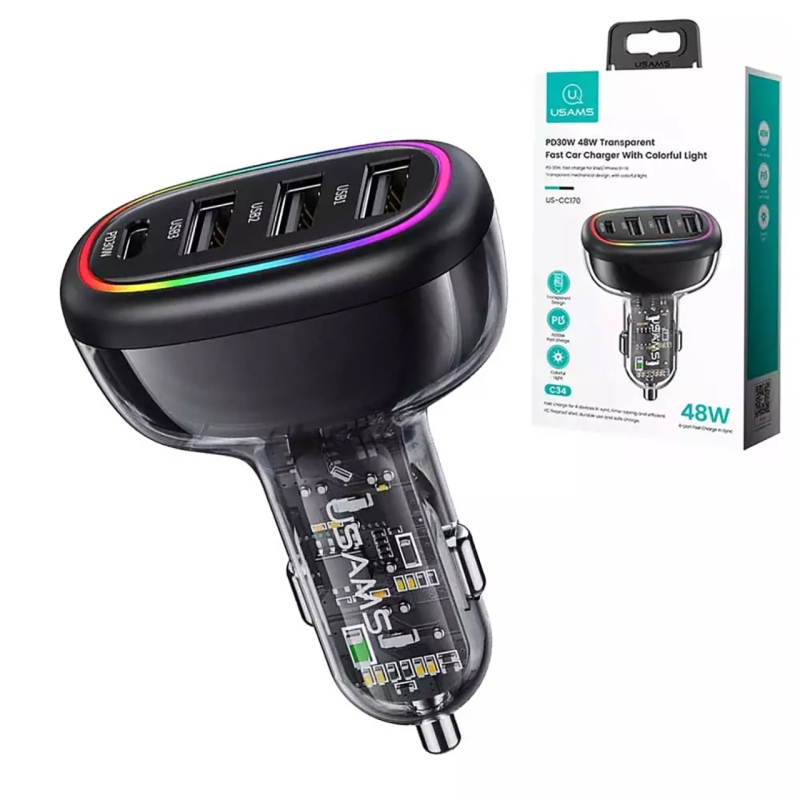  شارژر فندکی فست شارژ ماشین تایپ سی 48 وات طرح شفاف یوسامز مدل US-CC170 C34 