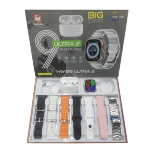 پک ساعت هوشمند الترا و ایرپاد پرو مدل HW-89 ULTRA2 با 7 بند متنوع و قاب ساعت
