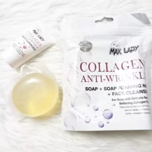 صابون کلاژن سه تیکه مکس لیدی همراه با لیف و کرم مرطوب کننده کد 13 وزن 120 گرم