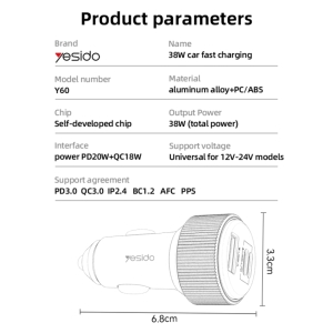 شارژر فندکی سوپر فست شارژ یسیدو مدل YESIDO Y60 38W PD3.0+QC3.0