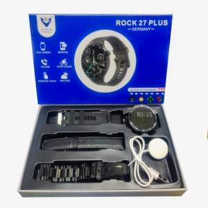 ساعت هوشمند صفحه گرد مدل ROCK 27 PLUS با 3 بند فلزی و چرمی