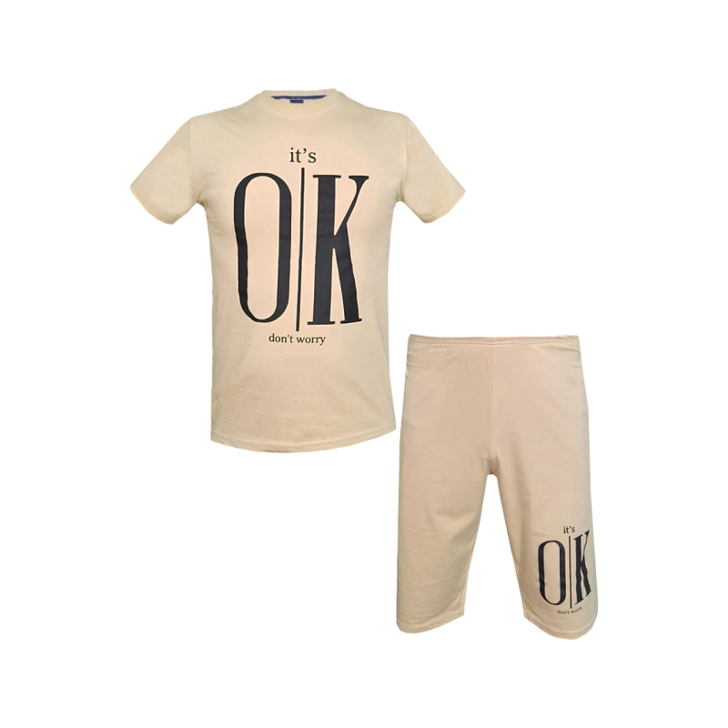 ست تیشرت و شلوارک مردانه طرح OK کد 1563 رنگ کرم