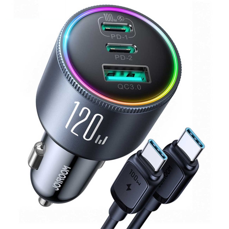  شارژر فندکی سوپر فست شارژ ماشین تایپ سی 120 وات با کابل دو سر تایپ‌سی جویروم مدل JR-CCN07 