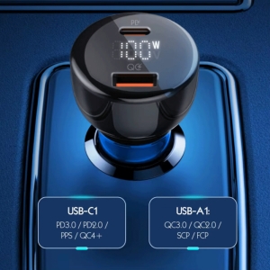  شارژر فندکی فست شارژ ماشین تایپ‌سی 100 وات و یو‌اس‌بی 30 وات الدنیو همراه کابل دوسر تایپ‌سی مدل C101 