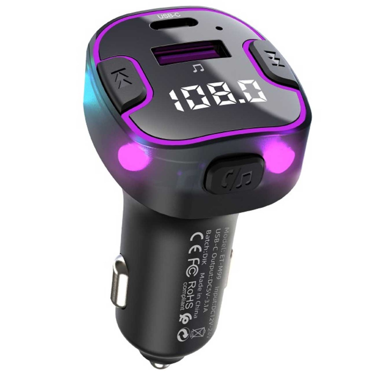  شارژر فندکی فست شارژ ماشین تایپ سی 3.1 آمپر و گیرنده بلوتوثی خودرو ارلدام مدل ET-M99 