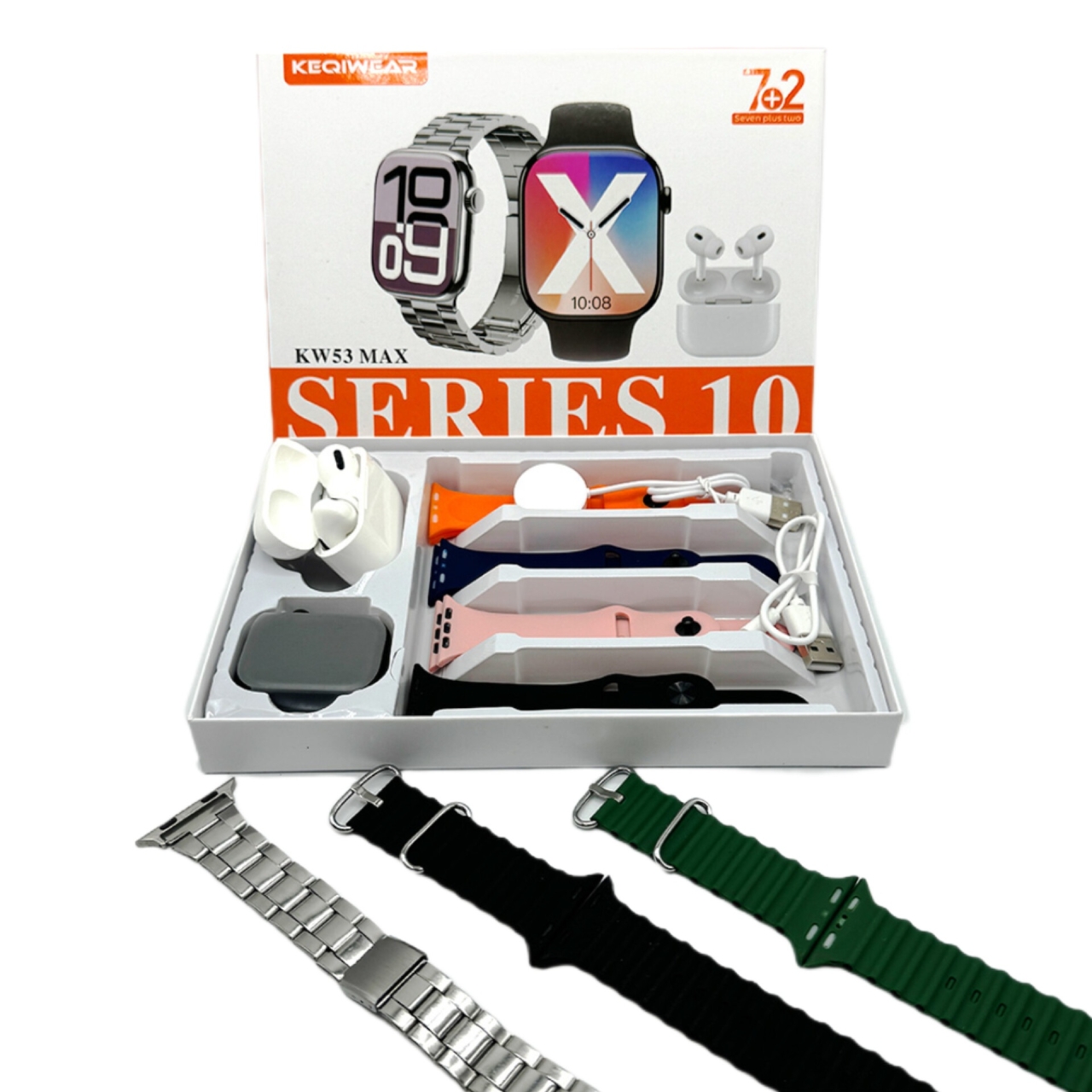 ساعت هوشمند سری 10 و ایرپاد پرو  مدل KW53 MAX همراه با 7 بند ساعت متنوع