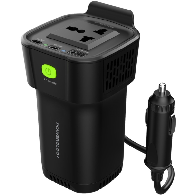  اینورتر و شارژر فندکی فست شارژ ماشین تایپ سی و یو اس بی 150 وات پاورولوژی مدل P150INVBK 