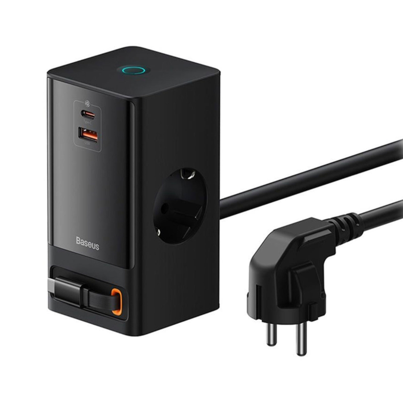 چند راهی برق 65 وات هوشمند 1 یو اس بی و 1 تایپ سی و 2 سوکت برق با کابل تایپسی متصل بیسوس مدل CCGAN65-S2ACE