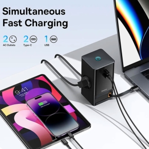 چند راهی برق 65 وات هوشمند 1 یو اس بی و 1 تایپ سی و 2 سوکت برق با کابل تایپسی متصل بیسوس مدل CCGAN65-S2ACE