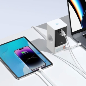 چند راهی برق 65 وات هوشمند 1 یو اس بی و 1 تایپ سی و 2 سوکت برق با کابل تایپسی متصل بیسوس مدل CCGAN65-S2ACE