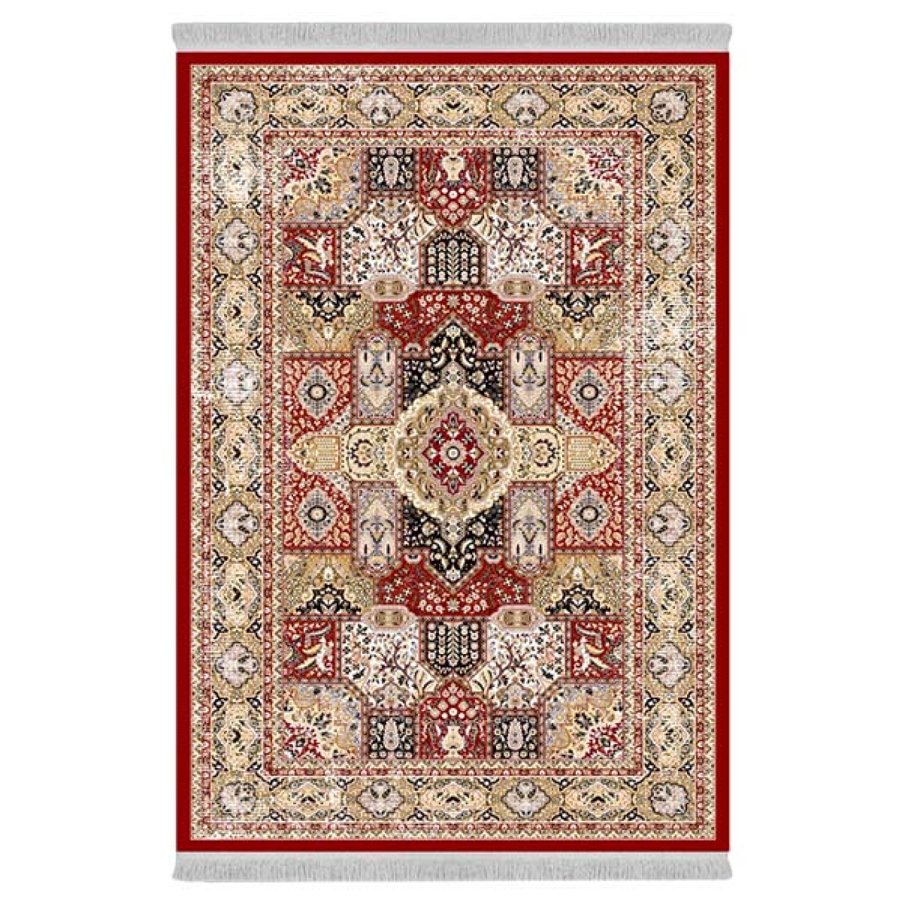 فرش ماشینی 1000 شانه دفه زمینه قرمز حاشیه قرمز مدل ابریشمنما کد 3714