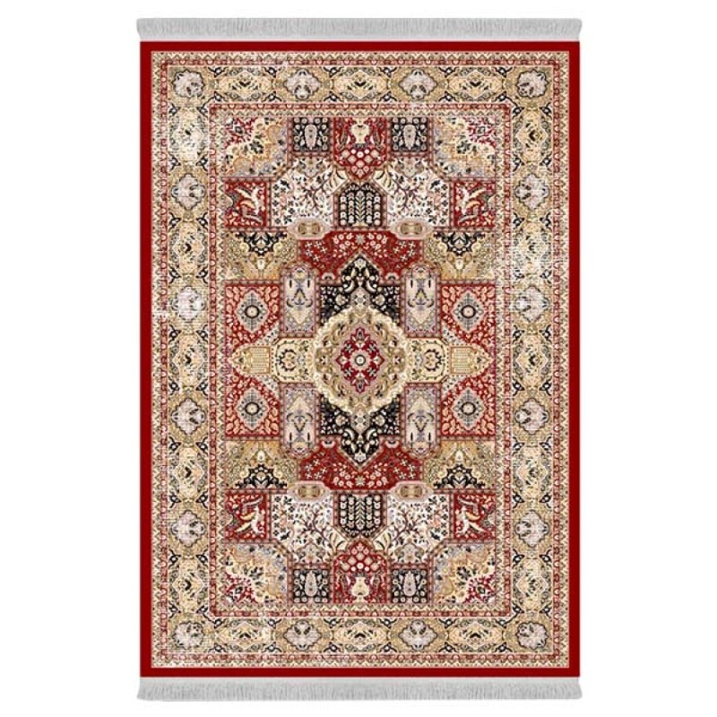 فرش ماشینی 1000 شانه دفه زمینه قرمز حاشیه قرمز مدل ابریشمنما کد 3714