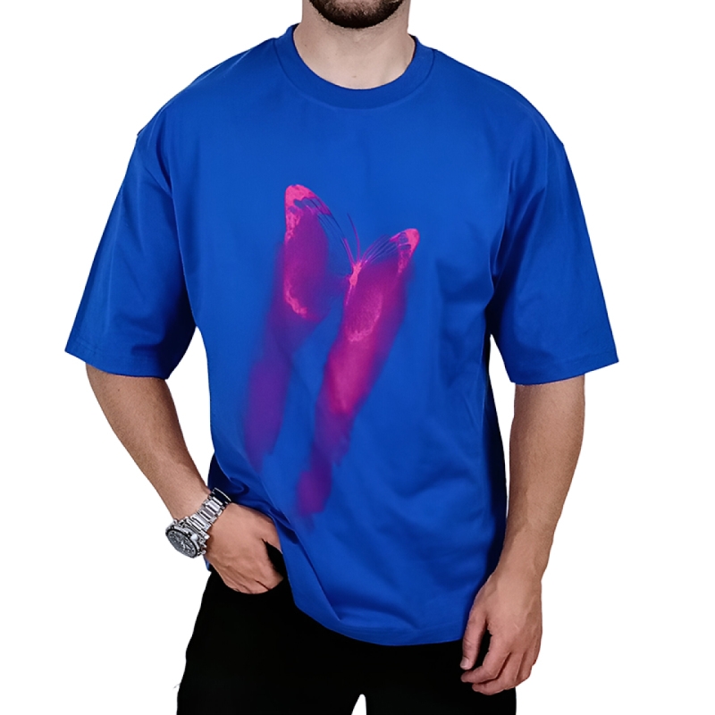 تیشرت آستین کوتاه مردانه آبی طرح پروانه