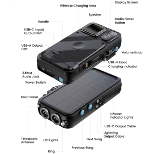 پاوربانک خورشیدی 16000 میلیآمپرساعت، اسپیکر بلوتوثی، رادیو، چراغ قوه، ساعت دیجیتالی و شارژر وایرلس اپل واچ پاورولوژی مدل PPBCHA49