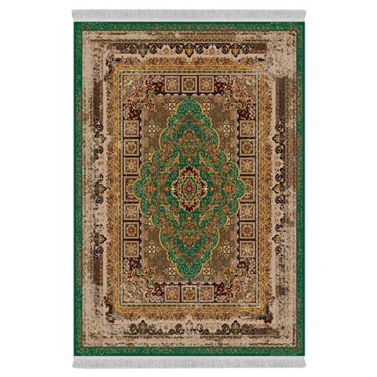 فرش ماشینی 1000 شانه دفه زمینه سبز حاشیه سبز مدل ابریشمنما کد 0630