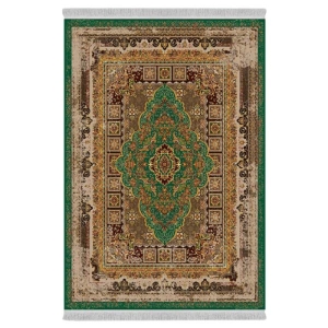فرش ماشینی 1000 شانه دفه زمینه سبز حاشیه سبز مدل ابریشم‌نما کد 0630