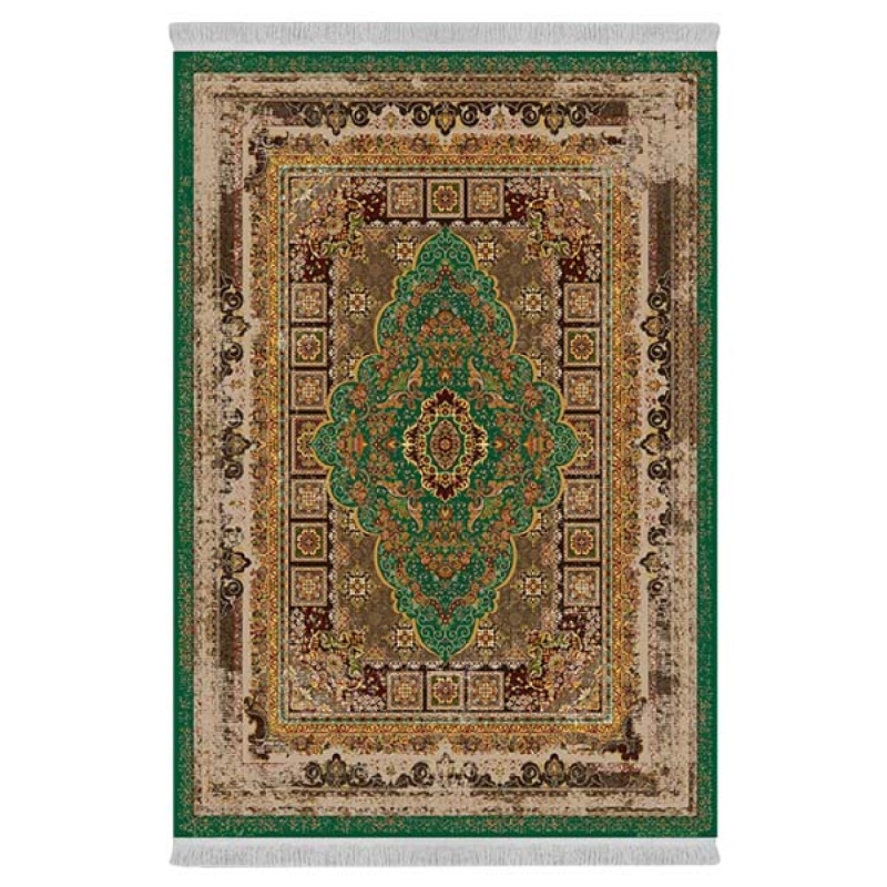 فرش ماشینی 1000 شانه دفه زمینه سبز حاشیه سبز مدل ابریشمنما کد 0630