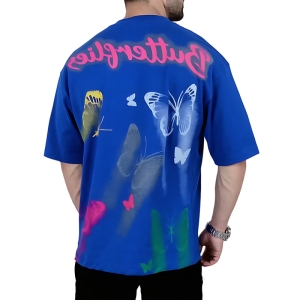 تیشرت آستین کوتاه مردانه آبی طرح پروانه