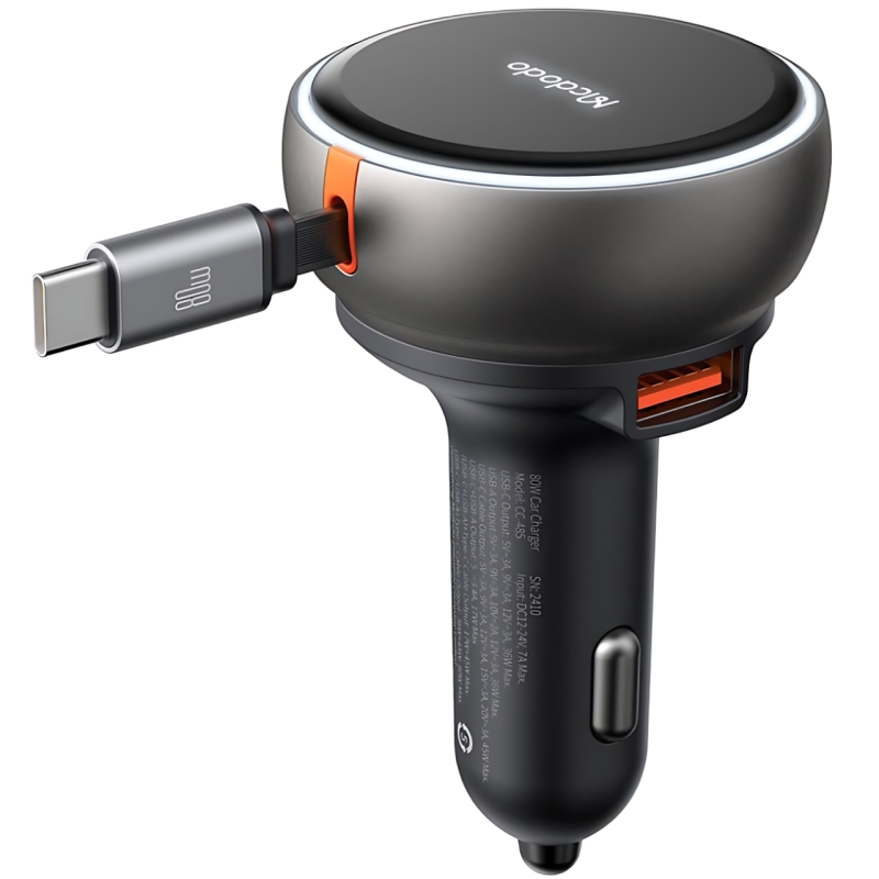 شارژر فندکی فست شارژ ماشین تایپ سی 80 وات با کابل جمع شونده تایپ سی مکدودو مدل CC-4850