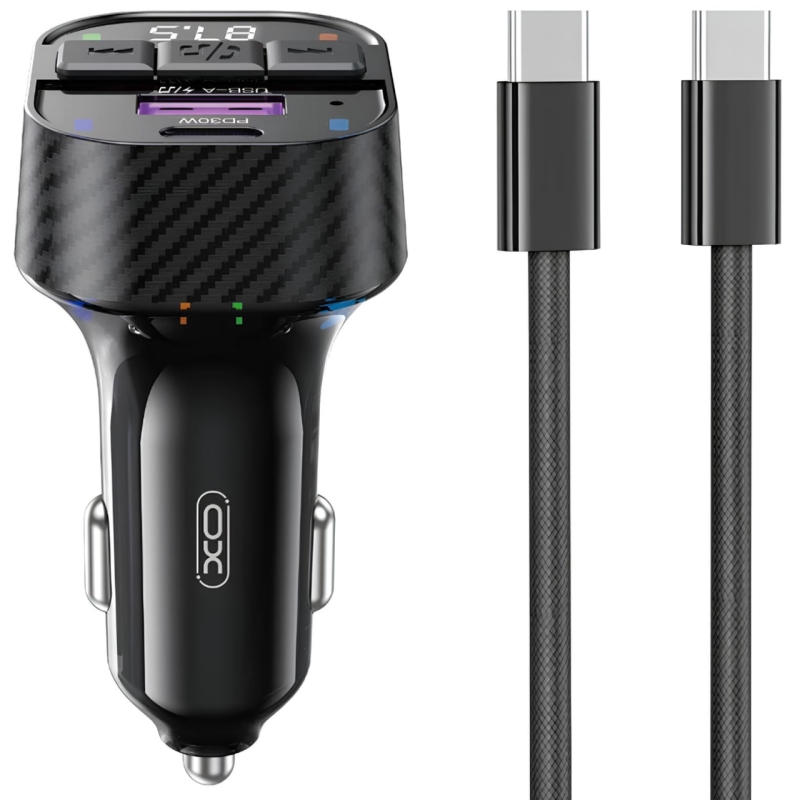  شارژر فندکی فست شارژ ماشین 30 وات و گیرنده بلوتوث خودرو با کابل دو سر تایپ سی ایکس او مدل BCC17 