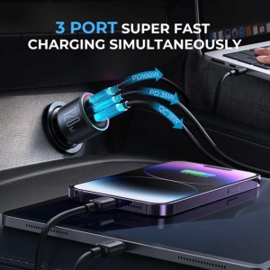  شارژر فندکی سوپر فست شارژ ماشین تایپ سی 120 وات با کابل دو سر تایپ‌سی جویروم مدل JR-CCN07 