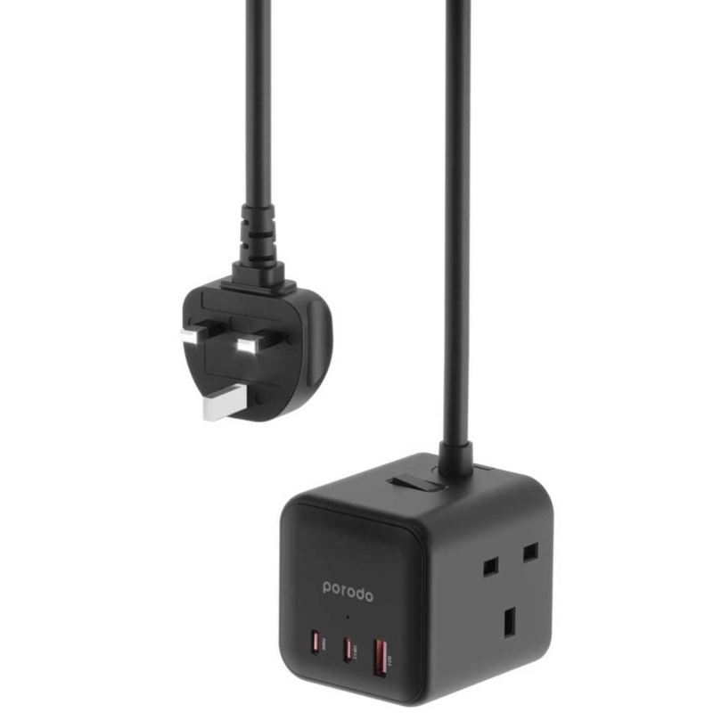  مبدل و چندراهی برق 3250 وات 3 سوکت، یک یو اس بی، دو تایپ سی 65 وات پورودو مدل PD-FWCH017-BK 