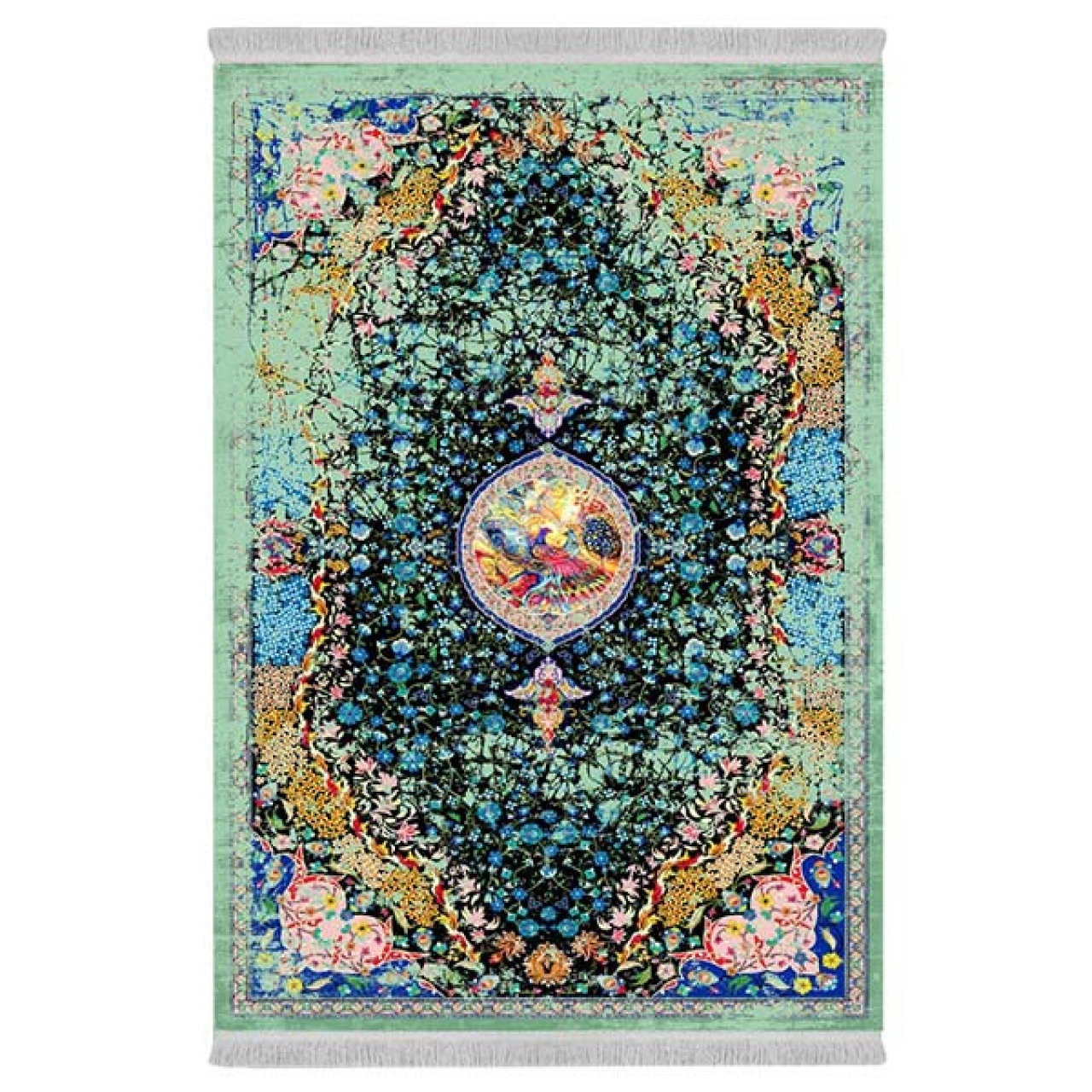 فرش ماشینی 1000 شانه دفه زمینه سبز حاشیه سبز مدل ابریشمنما کد 0624