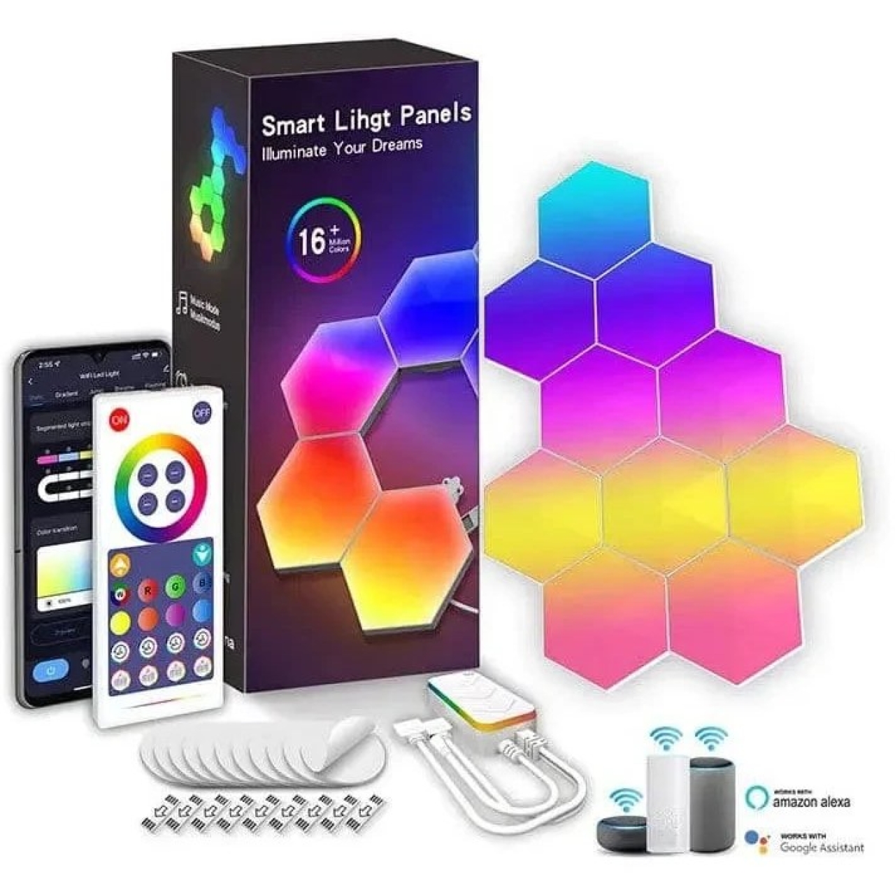 پنل LED دیواری هوشمند شش ضلعی مدل 10 تکه