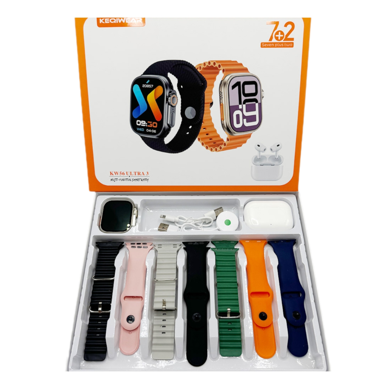 پک ساعت هوشمند و ایرپاد پرو مدل KEQIWEAR KW56 ULTRA3 با 7 بندساعت