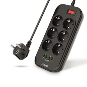 چندراهی برق 6 خانه ارت دار الدینیو مدل SE6403 + خروجی USB با کابل 2 متری