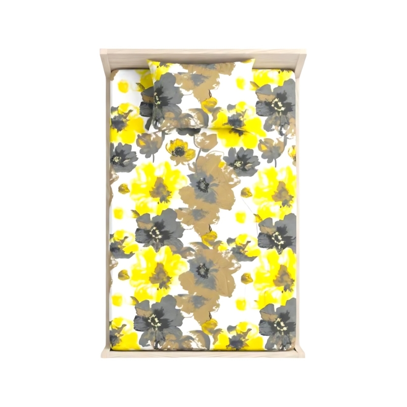 ملحفه تشک تک نفره مدل گلهای زرد - طرح گلهای زرد و خاکستری همراه روبالشتی