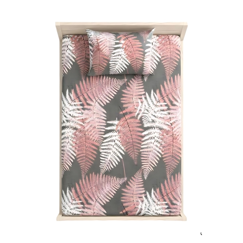 ملحفه کشدار یکنفره مدل فارنیا طرح سرخس قرمز نارنجی ۹۰*۲۰۰ همراه با روبالشتی