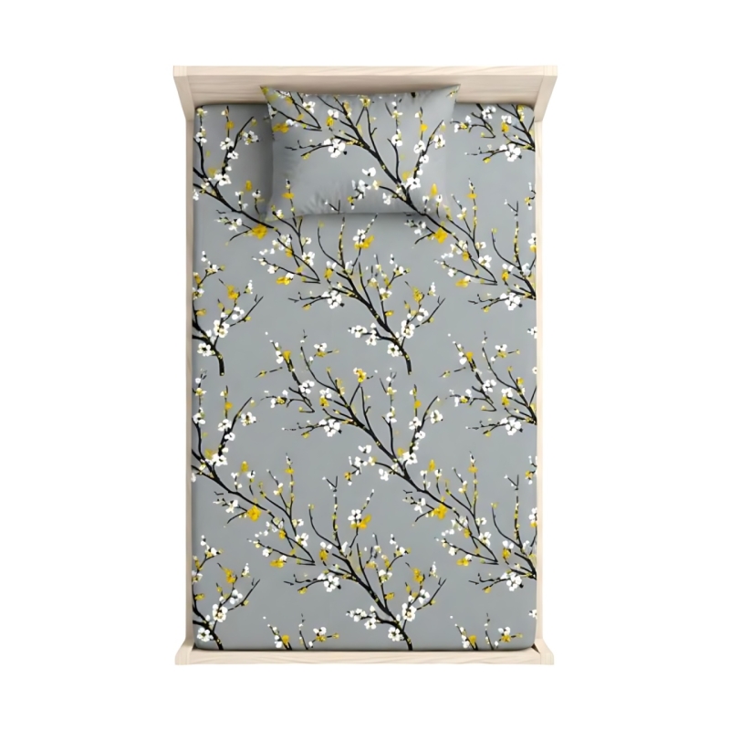 روتختی کشدار تک نفره طرح شکوفه بهاری | ست ملحفه کشدار با روبالشی طرح گلدار