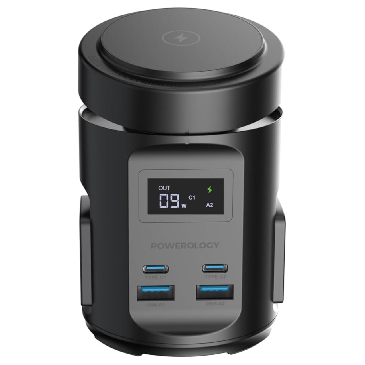  شارژر وایرلس رومیزی 15 وات و چندراهی برق 2200 وات دو یو اس بی، دو تایپ سی و دو سوکت برق پاورولوژی مدل PWCUQC014 