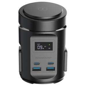  شارژر وایرلس رومیزی 15 وات و چندراهی برق 2200 وات دو یو اس بی، دو تایپ سی و دو سوکت برق پاورولوژی مدل PWCUQC014 