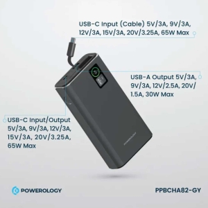  پاوربانک 20000 فست شارژ تایپ‌سی 65 وات و یو‌اس‌بی 30 وات پاورولوژی مدل PPBCHA82-GY 