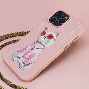  قاب محافظ گوشی آیفون 16 طرح گربه با زنجیر و عینک واقعی نیمی YJ202104 
