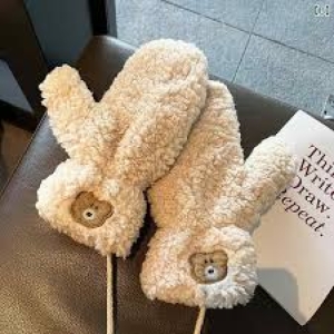 دستکش فانتزی زنانه مدل تدی بند دار  رنگ کرم 