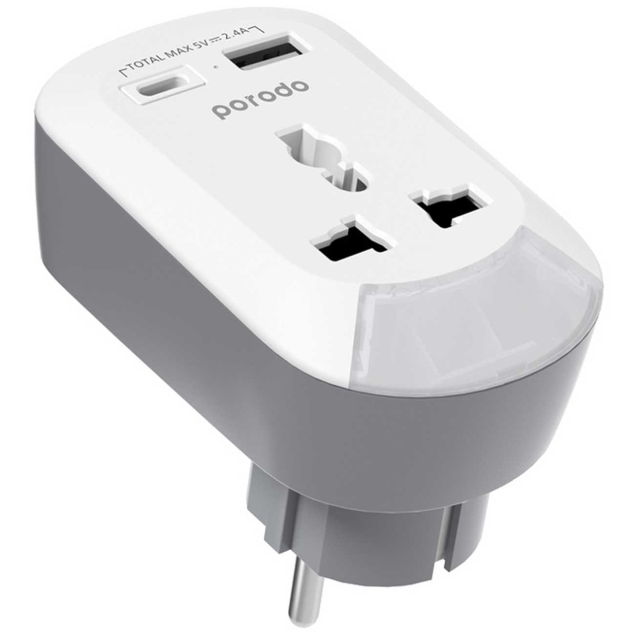  مبدل و چند راهی برق 2500 وات یک سوکت برق، یک تایپ سی، یک یو‌اس‌بی پورودو مدل PD-MSACEU-WH 