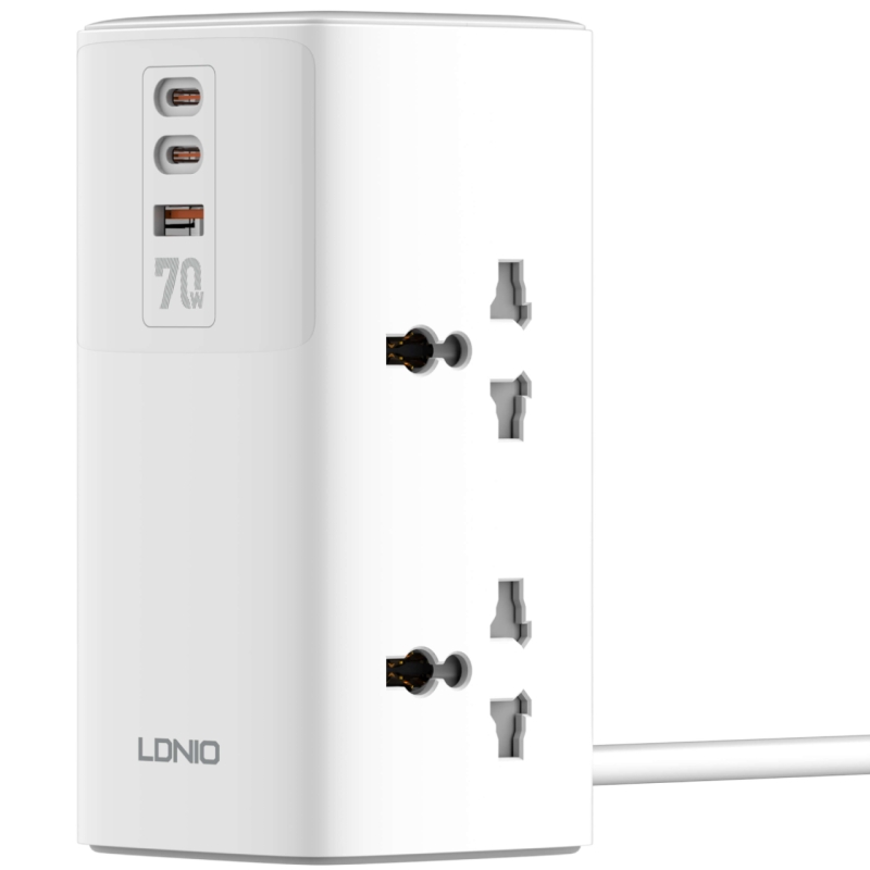  چند راهی و محافظ برق 2500 وات چهار سوکت، دو تایپ‌ سی و یک یو اس بی 70 وات شارژ سریع رومیزی الدنیو مدل SC4383 