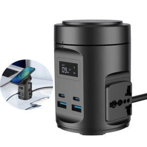  شارژر وایرلس رومیزی 15 وات و چندراهی برق 2200 وات دو یو اس بی، دو تایپ سی و دو سوکت برق پاورولوژی مدل PWCUQC014 