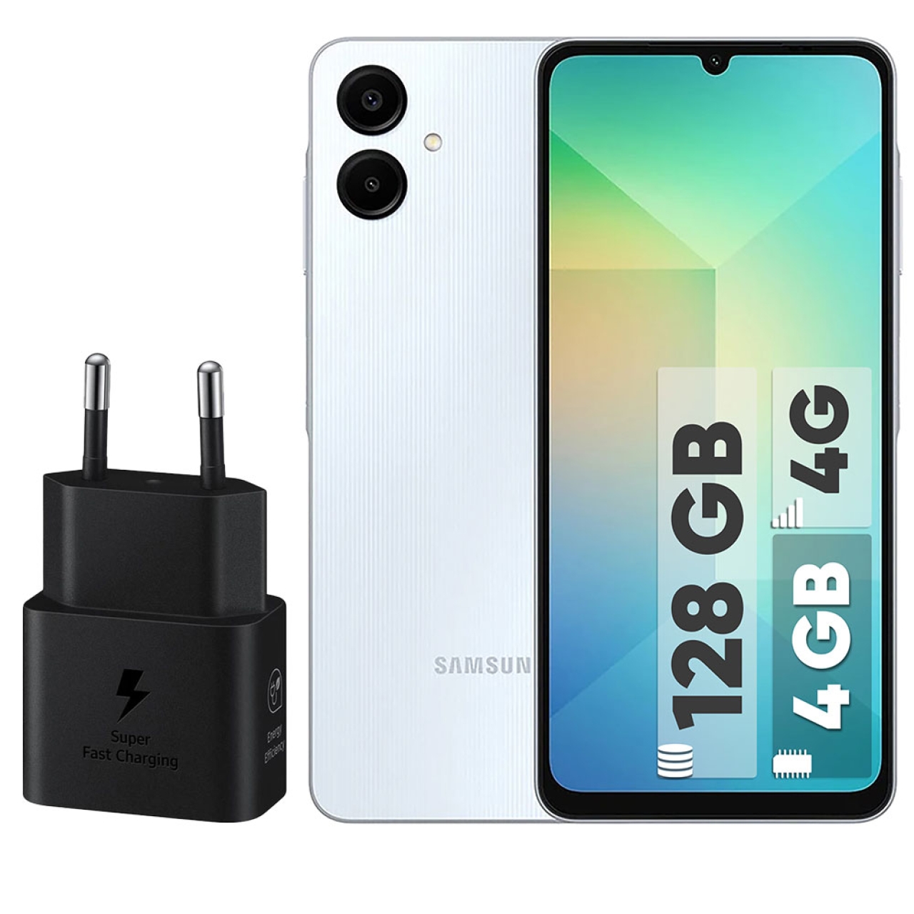 گوشی موبایل سامسونگ مدل Galaxy A06 دو سیم کارت ظرفیت 128 گیگابایت و رم 4 گیگابایت - به همراه شارژر 25 وات سامسونگ