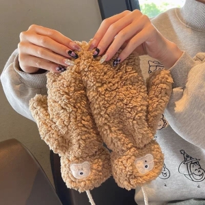 دستکش فانتزی زنانه مدل تدی بند دار رنگ نسکافه ای 