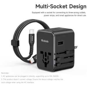  شارژر دیواری USB، تایپ‌سی 45 وات و تبدیل پریز 2500 وات مک‌دودو مدل  CP-3270 با کابل تایپ‌سی به تایپ‌سی 