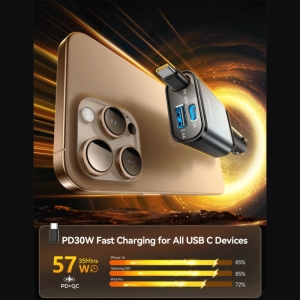  شارژر فندکی فست شارژ ماشین Type-C و یو‌اس‌بی 30 وات با کابل جمع شونده جویروم مدل JR-CCL07 