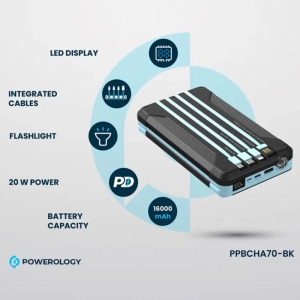  پاوربانک خورشیدی تایپ‌سی و یواس‌بی و لایتنینگ 20 وات 16000 میلی‌آمپرساعت پاورولوژی مدل PP070-PPBCHA70-BK 