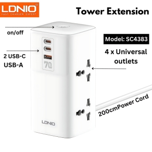  چند راهی و محافظ برق 2500 وات چهار سوکت، دو تایپ‌ سی و یک یو اس بی 70 وات شارژ سریع رومیزی الدنیو مدل SC4383 